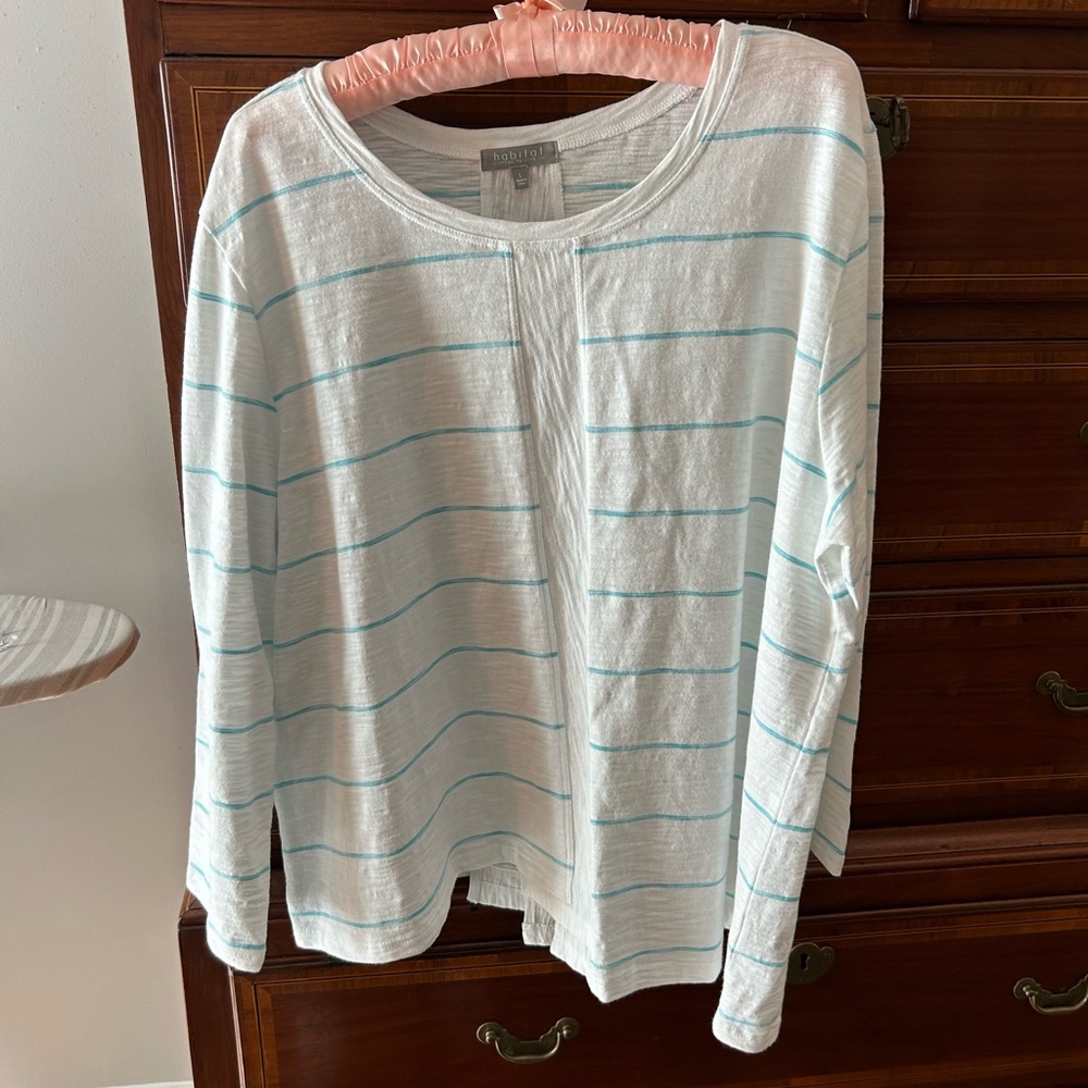 Habitat Women L, cotton, 3/4 sleeve pullover, white with green stripe